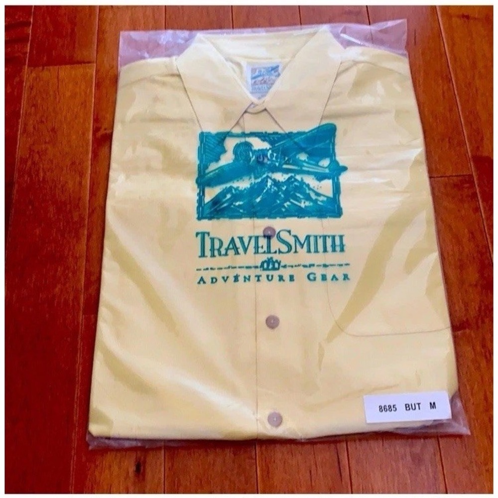 TravelSmith Adventure Gear Men's Medium Shirt‎ NWT Blue/Yellow Button Up Travel